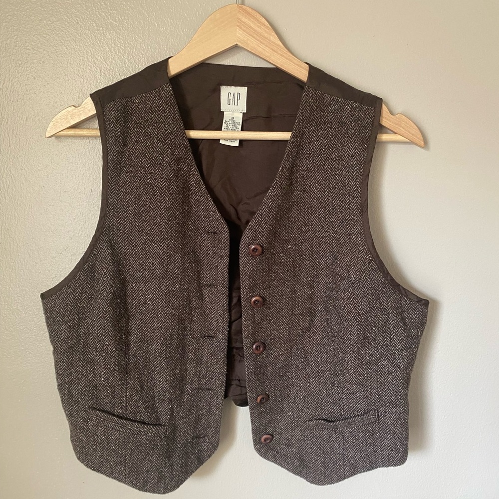 Vintage 90s Women’s Wool Vest GAP Dark Brown Herringbone